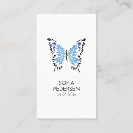白い色彩の鮮やか縦に青い蝶のロゴ 名刺 (正面)