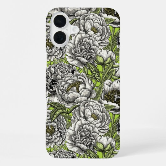白い芍薬の花と蛾 iPhoneケース (裏面)