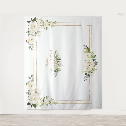白い芍薬 ゴールド フォトブース ベビーシャワー タペストリー (正面)