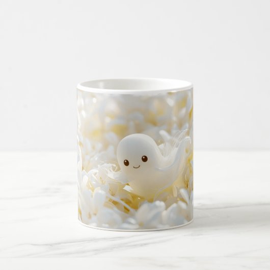 白い花々に囲まれた可愛らしいおばけ コーヒーマグカップ (中央)