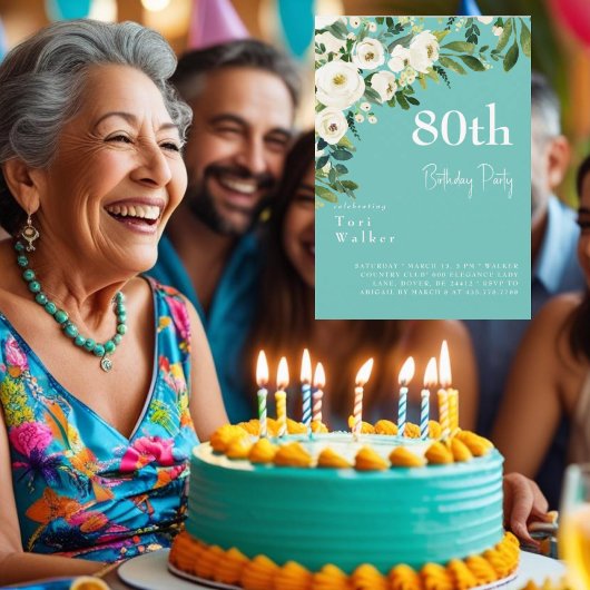 白い花があふれるターコイズブルーの80歳の誕生日 招待状