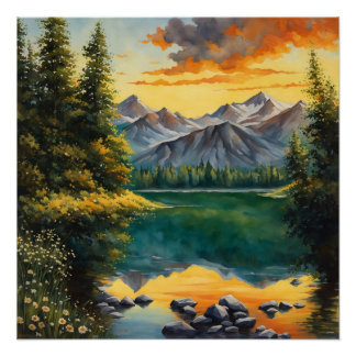 白い花が咲いた草地 ポスター