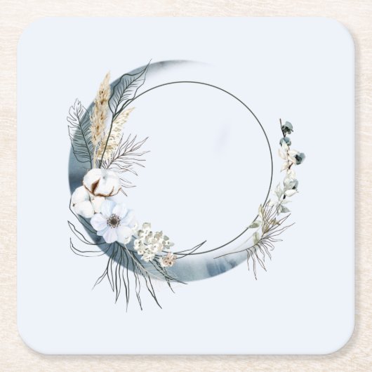 白い花が咲く三日月 スクエアペーパーコースター (正面)