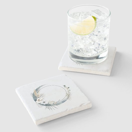 白い花が咲く三日月 ストーンコースター (横)