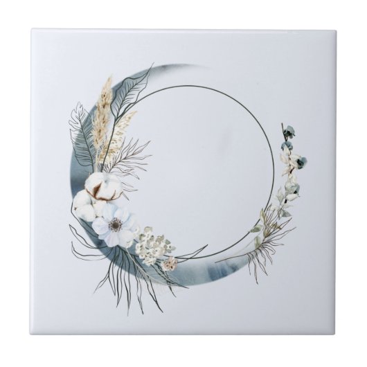 白い花が咲く三日月 タイル (正面)