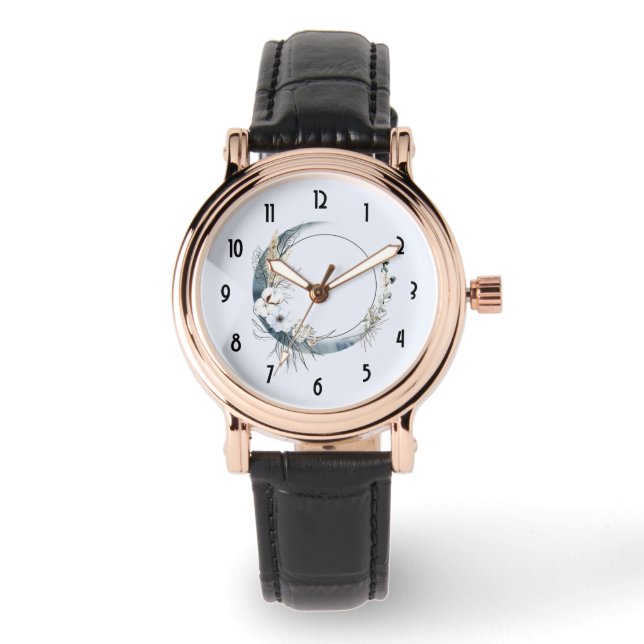 白い花が咲く三日月 腕時計 (正面)