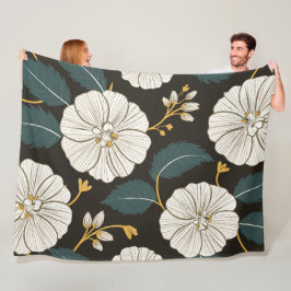 白い花が咲く洗練された花柄 フリースブランケット