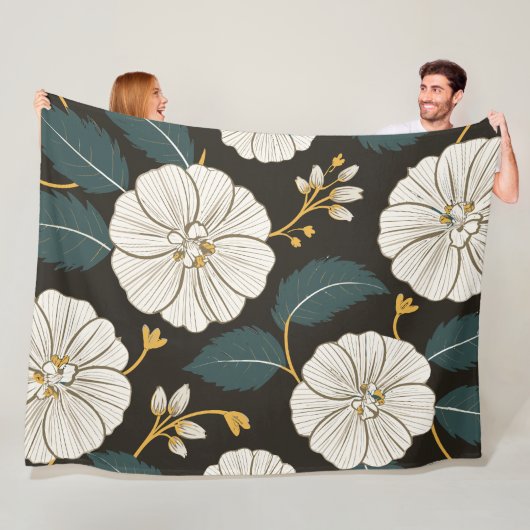 白い花が咲く洗練された花柄 フリースブランケット (インサイチュ)