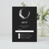 白い花が咲く青い三日月結婚 出欠カード (スタンド正面)