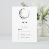 白い花が咲く青い三日月結婚 出欠カード (スタンド正面)