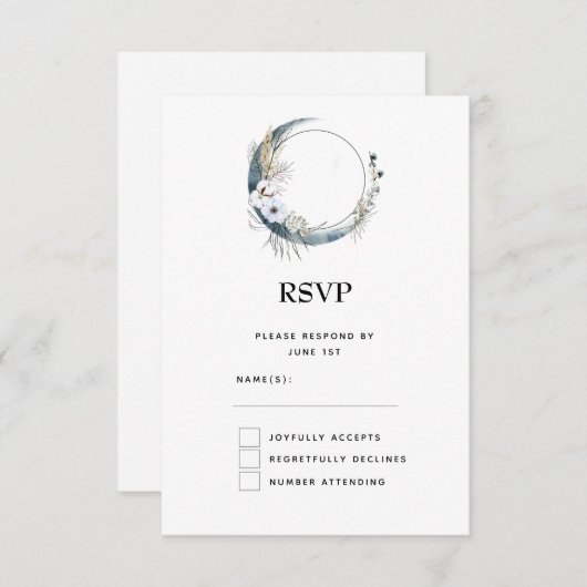 白い花が咲く青い三日月結婚 出欠カード (正面/裏面)