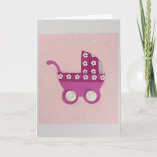 白い花でダークピンクのベビーカーをパーソナライズ カード (正面)