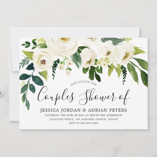 白い花とクリームのエレガントなカップルシャワー 招待状 (正面)