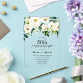白い花とクリーム色の50周年記念結婚式 アクリル招待状 (インサイチュ (ウェディング))