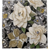 白い花とグリッターと名パーソナライズされた前 シャワーカーテン (正面)