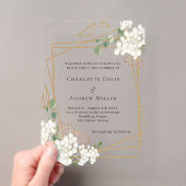 白い花とゴールドの幾何学フレームのクリアな結婚式 アクリル招待状 (インサイチュ (ポータブル))
