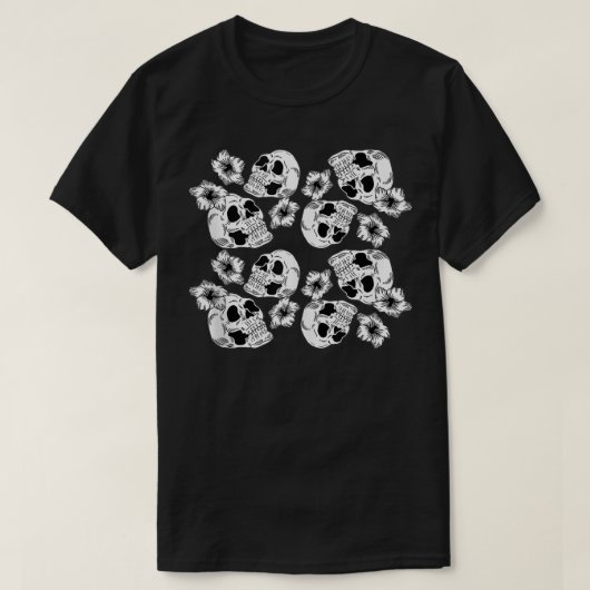 白い花とスカルカッコいい頭骨スケルトン移動 Tシャツ (デザイン正面)
