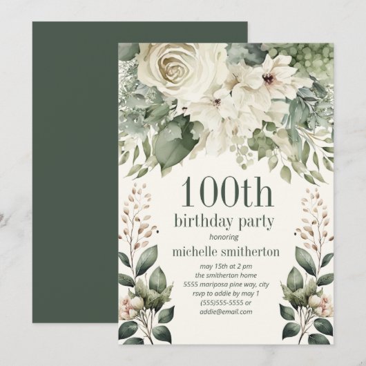 白い花とセージグリーンの葉の100歳の誕生日 招待状 (正面/裏面)