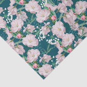 白い花とティール（緑がかった色）背景花柄 薄葉紙 (詳細)