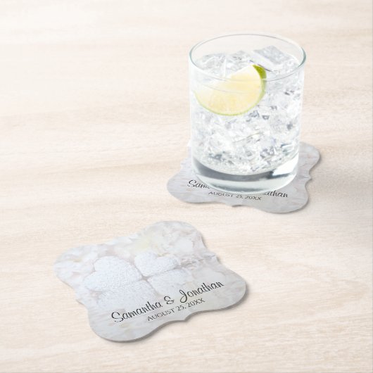 白い花とハートの反射結婚効果 ペーパーコースター (インサイチュ)