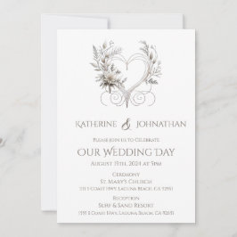 白い花とハート結婚 招待状