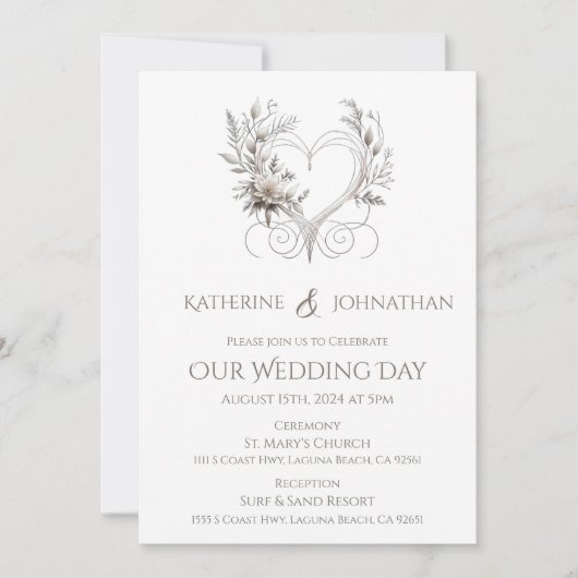 白い花とハート結婚 招待状 (正面)