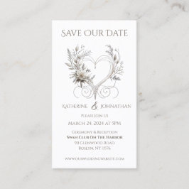 白い花とハート – 日付を保存 – 名刺