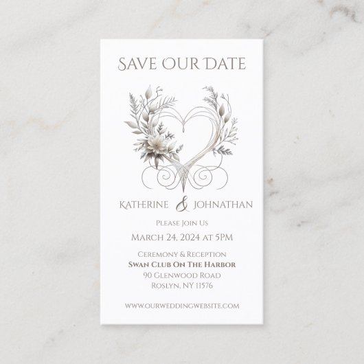 白い花とハート – 日付を保存 –  名刺 (正面)