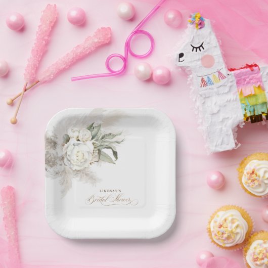 白い花とパンパス草のボヘミアンスタイルのブライズシャワー ペーパープレート (パーティー)