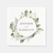白い花とパーソナライズされた緑結婚色 スタンダードカクテルナプキン (正面)