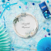 白い花と水彩のグリーンがエレガント ペーパープレート (パーティー)