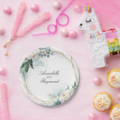 白い花と水彩のグリーンがエレガント ペーパープレート (パーティー)