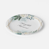 白い花と水彩のグリーンがエレガント ペーパープレート (アングル)