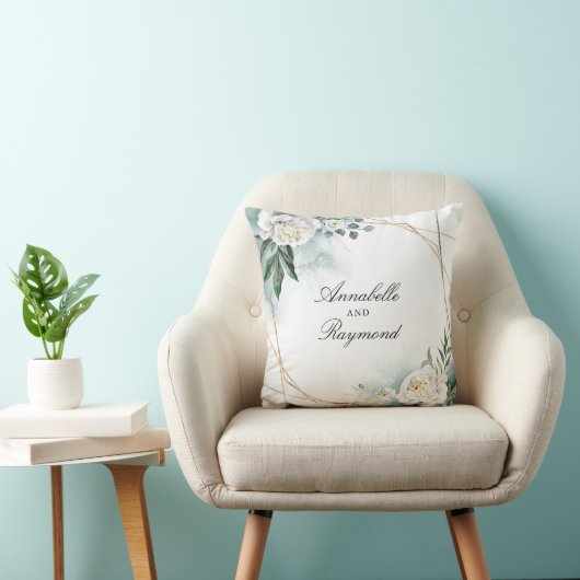 白い花と水彩緑のシックエレガントな クッション (椅子)