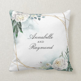 白い花と水彩緑のシックエレガントな クッション