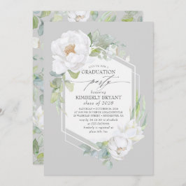 白い花と水彩緑の卒業 招待状