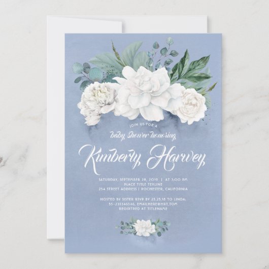 白い花と緑のほこりっぽい青い赤ちゃんシャワー 招待状 (正面)
