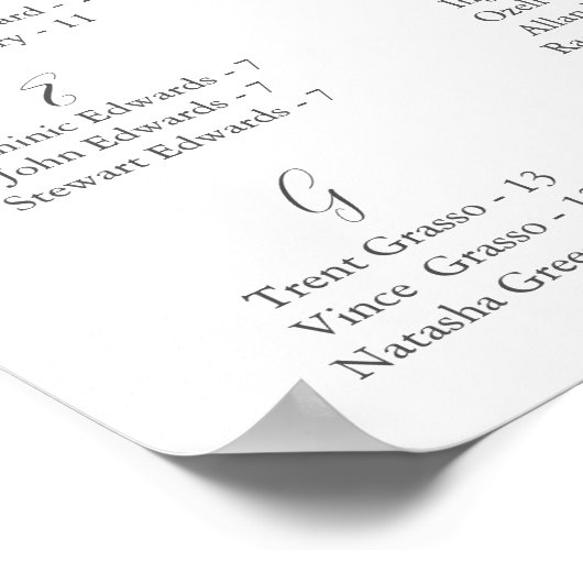 白い花と緑のアルファベットの座席表 ポスター (角)