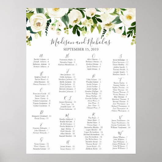 白い花と緑のアルファベットの座席表 ポスター (正面)
