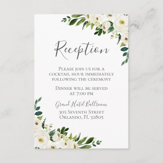 白い花と緑のウェディングレセプションカード エンクロージャーカード (正面)