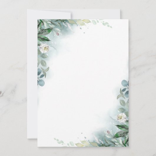 白い花と緑のエレガントブライダルシャワー 招待状 (裏面)