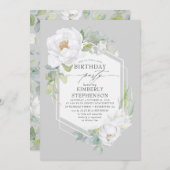 白い花と緑のエレガントモダン誕生日 招待状 (正面/裏面)