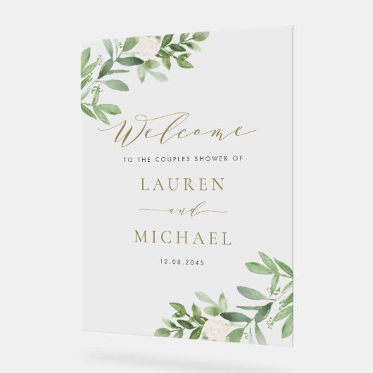 白い花と緑のカップルがシャワー アクリルサイン (傾斜)