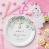 白い花と緑のバプテスマ紙プレート ペーパープレート (パーティー)