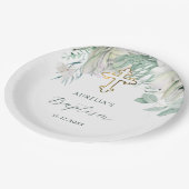 白い花と緑のバプテスマ紙プレート ペーパープレート (アングル)