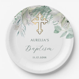 白い花と緑のバプテスマ紙プレート ペーパープレート