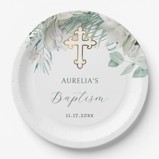白い花と緑のバプテスマ紙プレート ペーパープレート (正面)