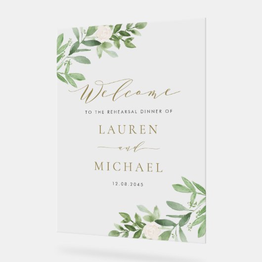 白い花と緑のリハーサルディナー アクリルサイン (傾斜)