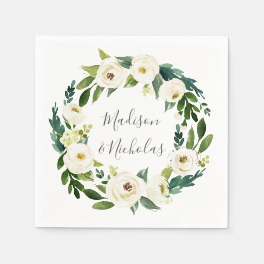 白い花と緑のリース結婚のナプキン スタンダードカクテルナプキン (正面)