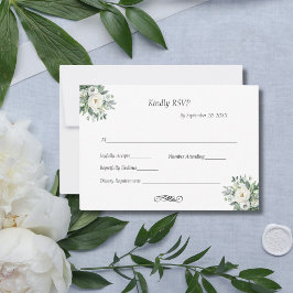 白い花と緑の伝統的なフォーマルウェディング 出欠カード